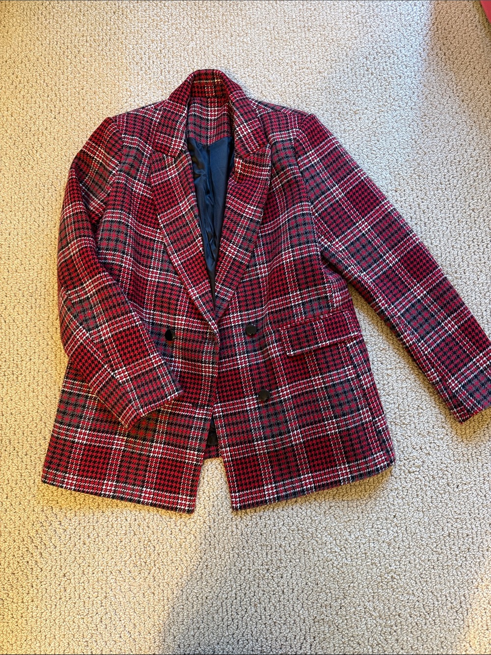 Red Plaid Double-Breasted Blazer